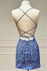 Sweetheart Neck Short Blue Lace Semi Formal Prom Dresses, Short Blue Lace Formal Homecoming Dresses